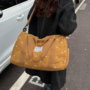 Quilted Travel Duffel Bag Lightweight Nylon Handbag Casual Gym Sports Crossbody Bag With Bow Embroidery For Women Men