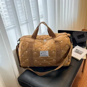 Quilted travel duffel bag small portable casual weekender bag with bow pattern stylish gym bag