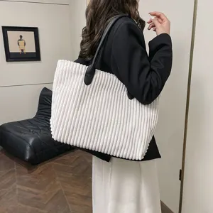 Minimalistische witte corduroy draagtas met grote capaciteit voor dames herfst mode