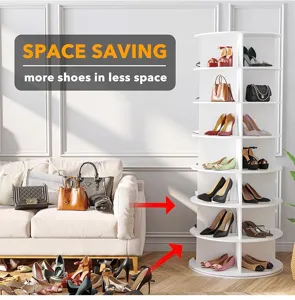 Detailed view of a 7-tier rotating shoe rack organizing multiple handbags and shoes.
