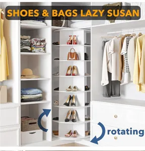 Detail of 7-tier rotating shoe rack storage tower in a closet for shoes and bags.