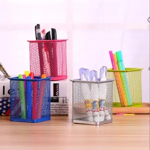 Creative hollow metal mesh pencil holder for desktop organization in multiple colors