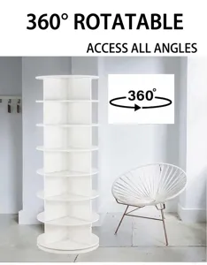 Detailweergave van witte 360 graden draaibare opbergtoren met 7 niveaus in kamer.