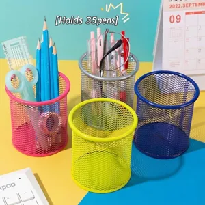 Colorful metal mesh pen holders for desk organization and stationery storage