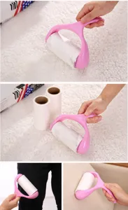 Detailansichten des rosa Fusselrollers beim Reinigen von Teppich, Hose und Sofa.