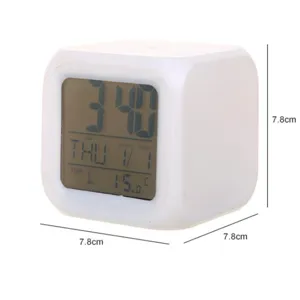 Compact 7-color changing LED cube digital alarm clock with temperature and date display