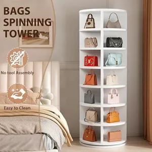 360-degree rotating white handbag storage tower with 7 tiers for bedroom organization