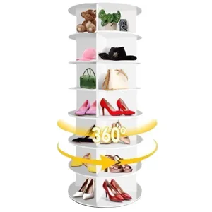 Space-saving white 360-degree rotating 7-tier shoe rack tower and storage organizer