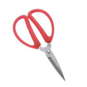Large household stainless steel scissors with red ergonomic handles for stationery and tailoring