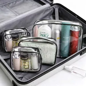 Set of transparent PVC waterproof cosmetic storage bags for travel luggage organization