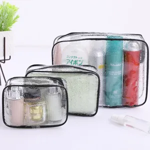 Set of three transparent PVC cosmetic bags with black zippers for travel organization