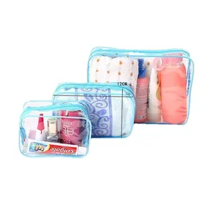 Set of 3 transparent waterproof PVC travel cosmetic bags with blue trim and zipper