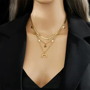 Collier Pendentif Étoile Lune Multicouche Bohème Pour Femme En Alliage Plaqué Or Argent Chaîne Plate Bijoux De Mode
