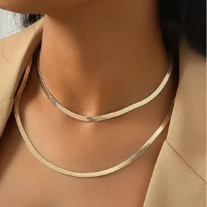 Collana a Doppio Strato in Catena Piatta Herringbone e Set Bracciale per Donna Uomo Lega Minimalista Punk Catena da Collo