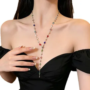 Elegant Summer Y-shaped necklace with colorful glass crystals on silver chain for women