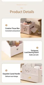 Detailed view of white desk organizer showing tissue box, sturdy board, and crystal handle.