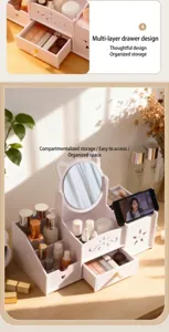 Detailed view of the cat-ear desktop makeup mirror with multi-layer storage organizer drawers