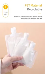 Three refillable travel pouches for lotion held in hand showing flexible PET material