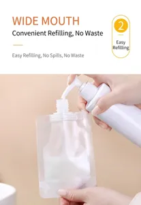 Close-up detailed view of filling a portable liquid travel pouch with a wide neck opening