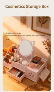 Close-up detail of white cosmetic organizer featuring a cat-eared mirror and floral carved patterns