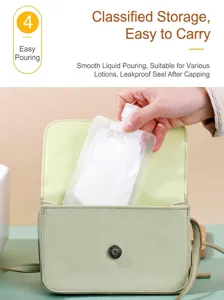 Portable travel liquid storage pouch shown being placed into a small green handbag.