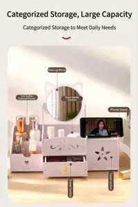 Detail of white cat ear vanity organizer with mirror and functional compartments.