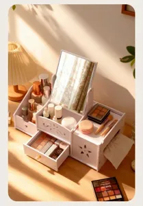 Detailed view of white desktop makeup organizer featuring a mirror and storage drawers