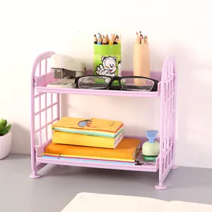 Two-tier purple hollow plastic desktop storage rack for office stationery organization