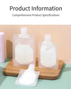 Portable frosted travel liquid pouches for lotion and shampoo shown in various sizes