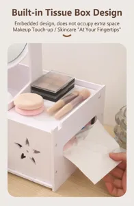 Macro view of white makeup organizer featuring a built-in tissue dispenser and mirror