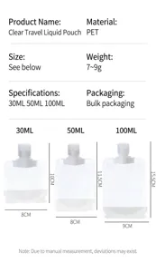 Size chart for transparent travel liquid pouches in 30ml, 50ml, and 100ml specifications.