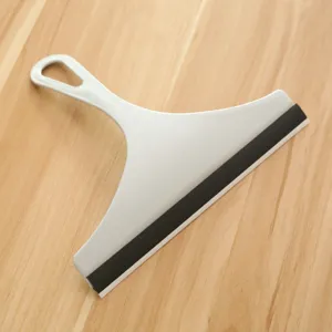 Handheld glass squeegee with gray plastic handle and black rubber blade for home cleaning