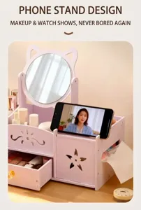 Detailed view of a purple makeup organizer featuring a phone stand and cat-ear mirror
