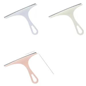 Set of three minimalist plastic glass squeegees with non-slip handles for tile cleaning