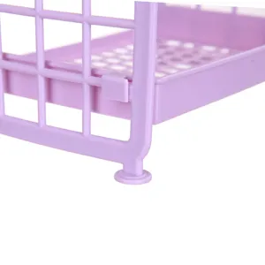 Detail of purple plastic hollow desk organizer shelf with double-layer grid design