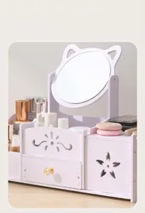 White vanity organizer featuring cat-ear mirror and hollow floral carving details