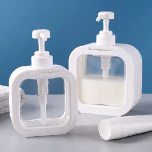 Square pump dispenser bottles, clear refillable soap lotion containers for bathroom use.
