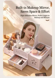 White desktop makeup organizer with integrated mirror and tissue holder for cosmetic storage
