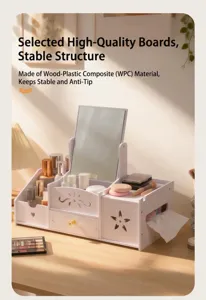 Detailed view of white vanity mirror with integrated makeup organizer drawer