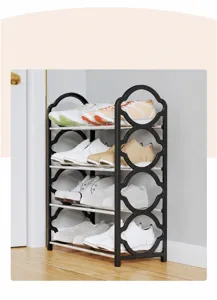 Detail des integrierten Wellenrahmens dieses 4-stufigen schwarzen Schuhregals.