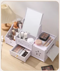 Desktop white wooden makeup organizer with mirror, drawer and side tissue box compartment