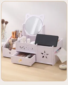 Multi-functional white desk makeup organizer with cat-eared vanity mirror and drawer.