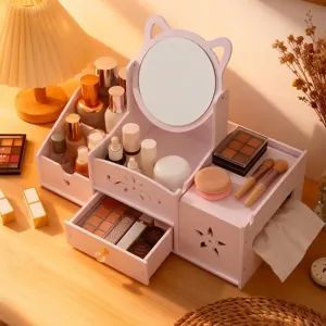 Pink cat-ear mirror cosmetic organizer with drawer and integrated tissue holder