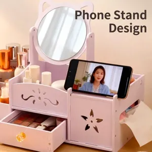 Cute cat-ear desktop makeup mirror organizer with integrated smartphone holder stand