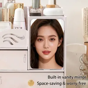 Organizer per cosmetici in plastica bianca con specchio e cassetti per scrivania