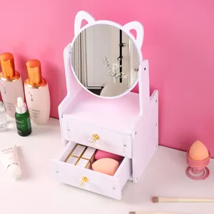 Specchio per trucco a orecchie di gatto bianco con due cassetti per organizer da tavolo