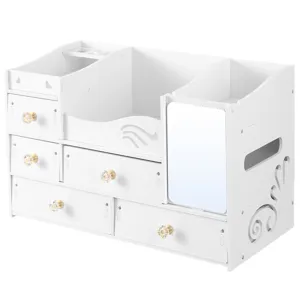 Organizer per trucchi in plastica bianca con cassetti, pomelli in cristallo e specchio.