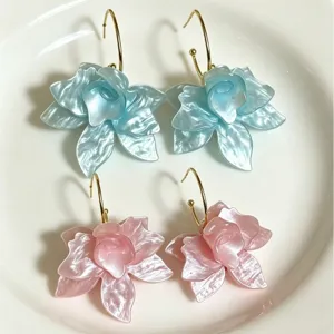 French Style Floral Drop Earrings For Women Elegant Resin Petal Flower Dangle Earrings Sweet Summer Alloy Electroplated Hoops Jewelry