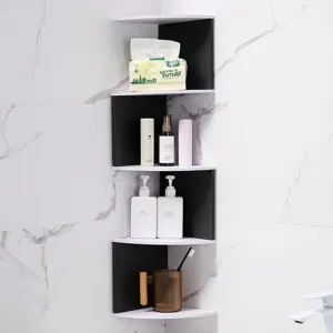 5-Tier wall mounted corner storage shelf in black and white for bathroom organization