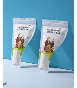 Detailansicht tragbarer Aufbewahrungsbeutel für Milchpulver mit Comic-Tiermotiven.